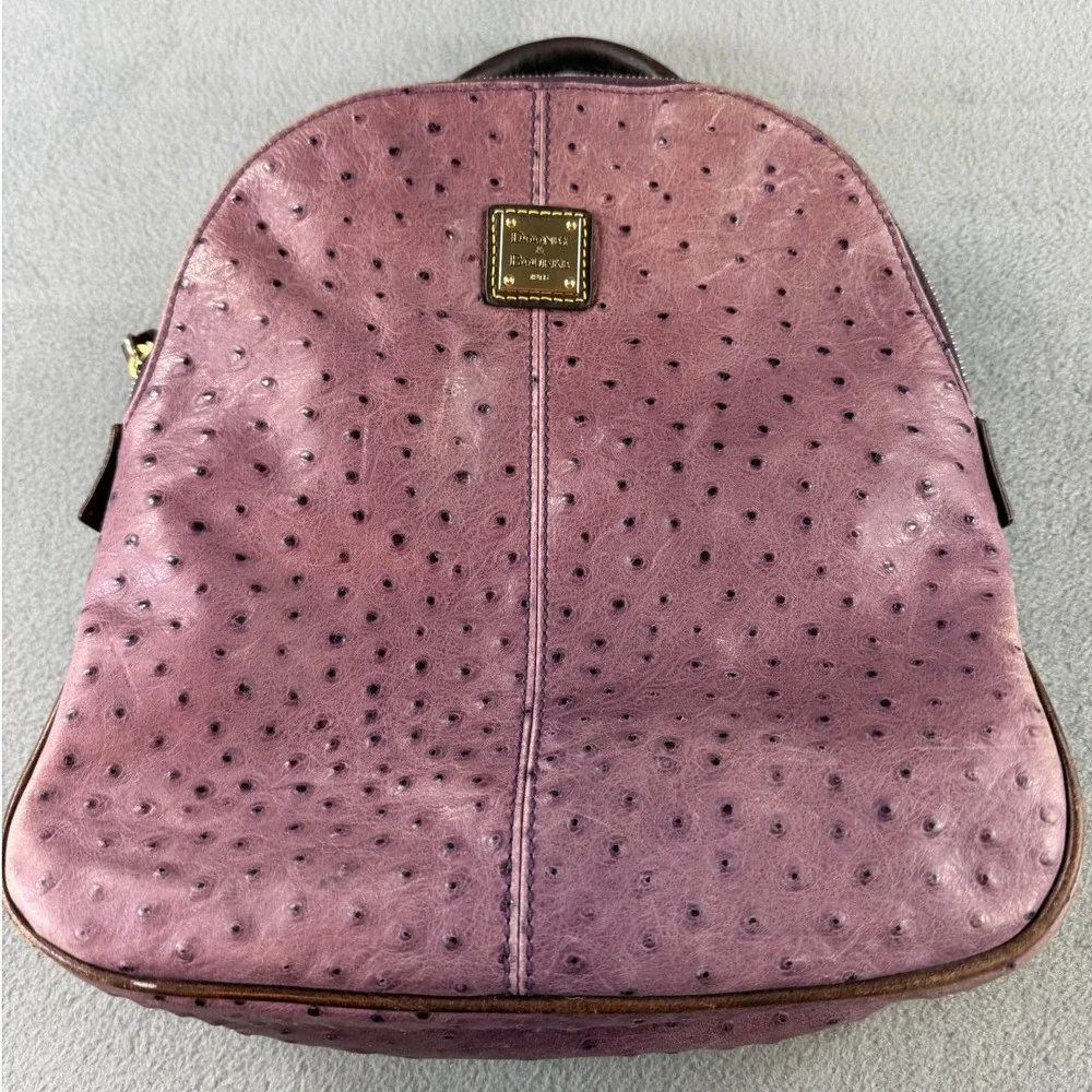 Dooney & Bourke Vintage Purple Ostrich Embossed Leather Backpack Bag Brown Trim
